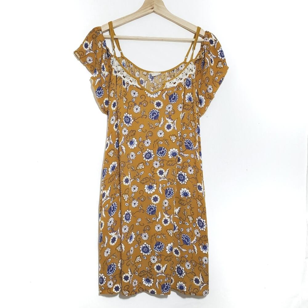 Hem & Thread | Floral Off Shoulder Mustard Yellow Short Sleeve Sun Dress Pockets